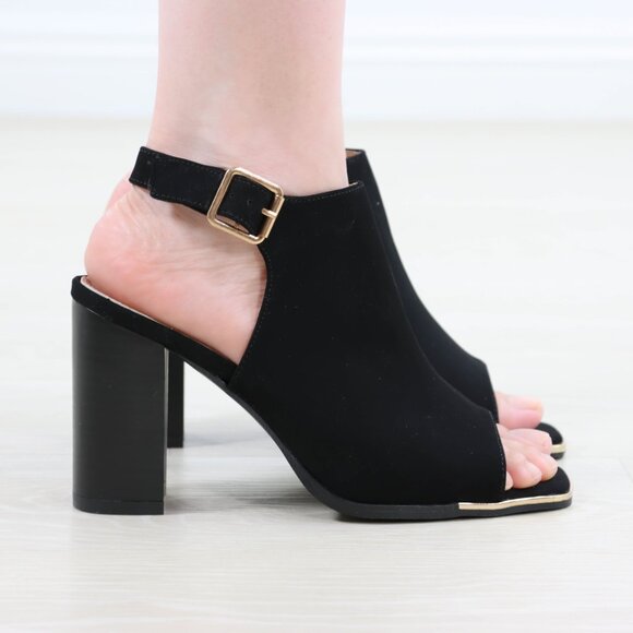 Block Heel Peep Toe Sandals Women’s Black Velvet Gold Buckle Ankle Strap - Picture 9 of 15